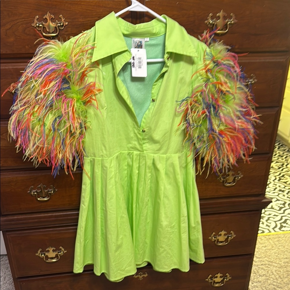 QUEEN OF SPARKLES Lime Green Dress with Multicolor Feathered Sleeves